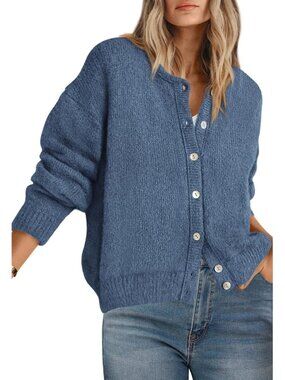 Women's Blue Polyester Blend Long Sleeve Crewneck Button Down Fall Cardigan